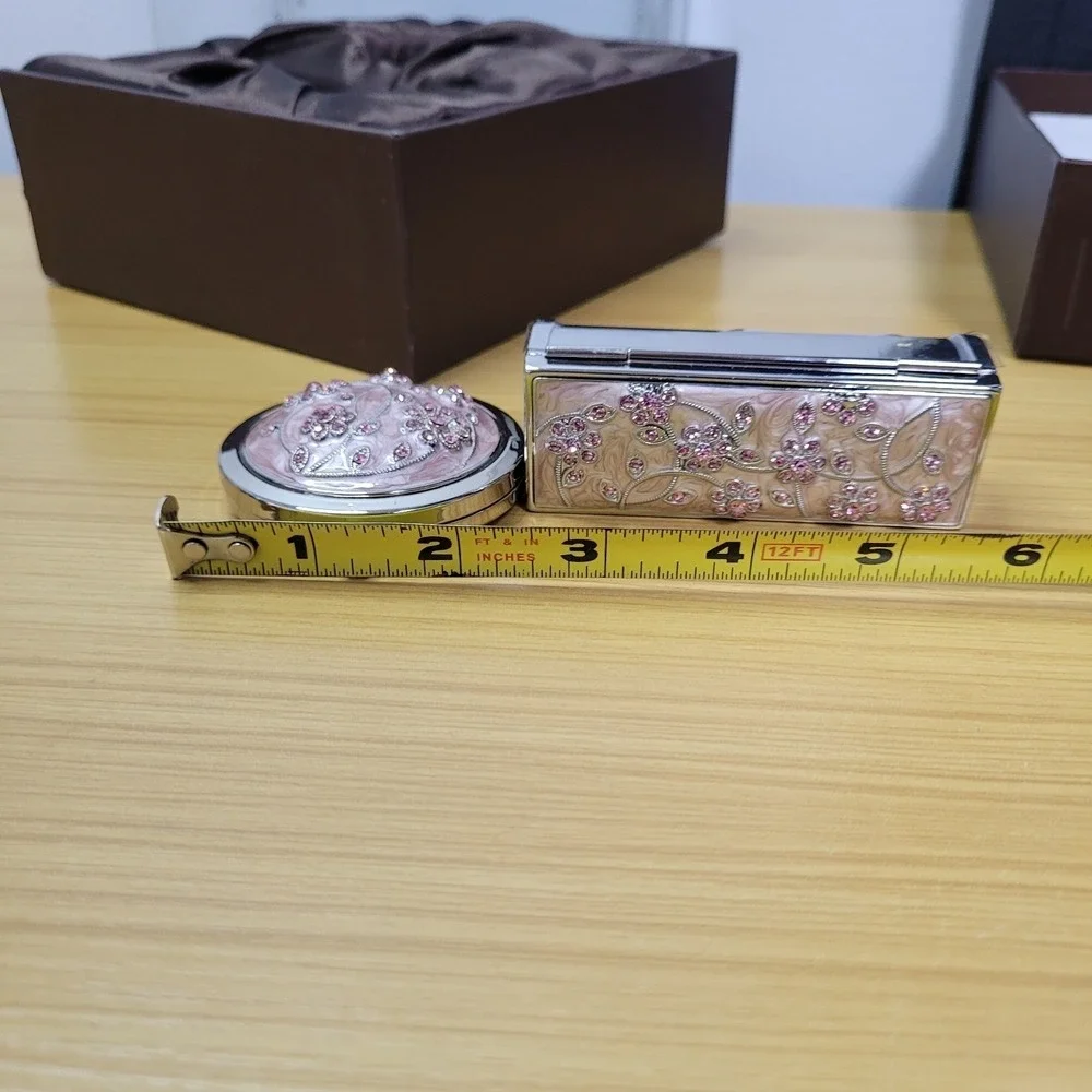 Argento SC Compact Mirror Lipstick Case Swarovski Crystals Set Pink Floral Gift
